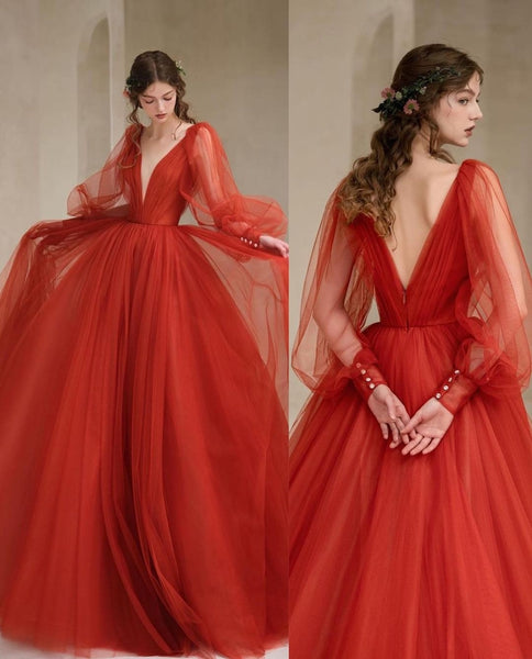 A-line Tulle Red Evening Gown with Sheer Sleeves – loveangeldress